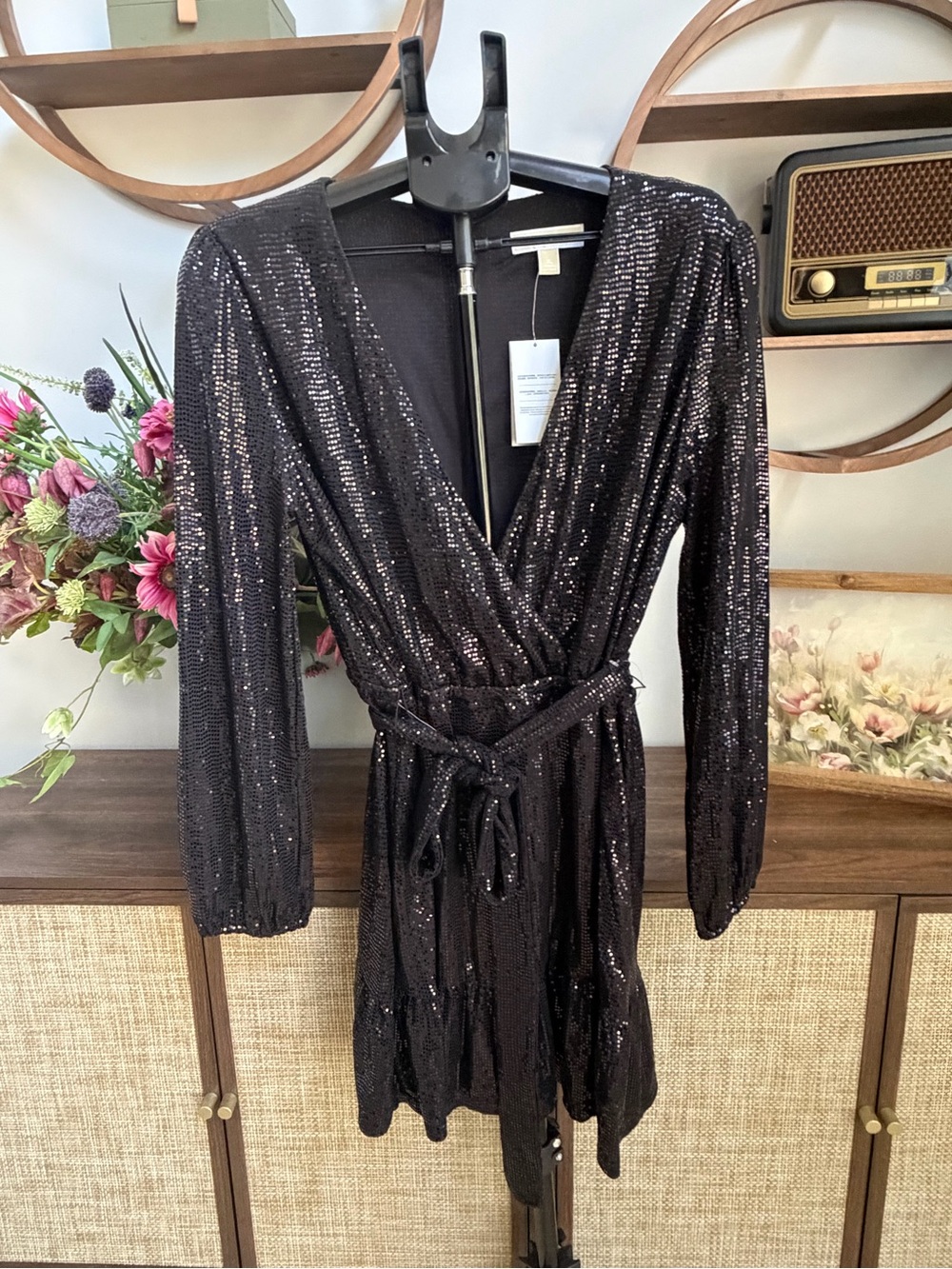 NWT Michael Kors Black Sequin Wrap Mini Dress XL Long Sleeve $165
